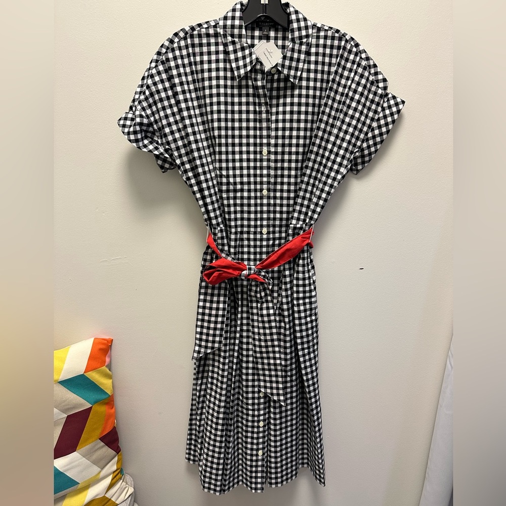 Talbots black and white checkered button down midi dress with red belt size 2